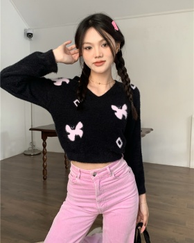 Short long sleeve knitted pullover butterfly V-neck sweater