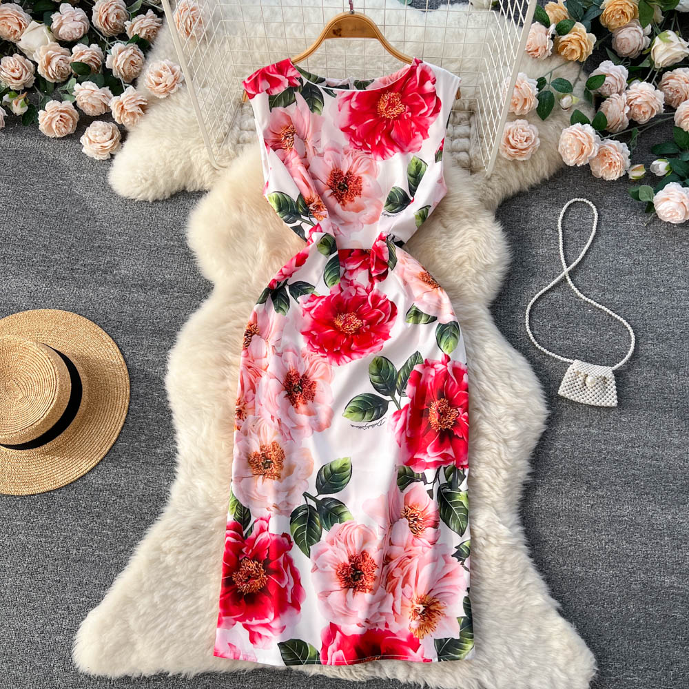 Slim sleeveless temperament dress retro rose vacation vest