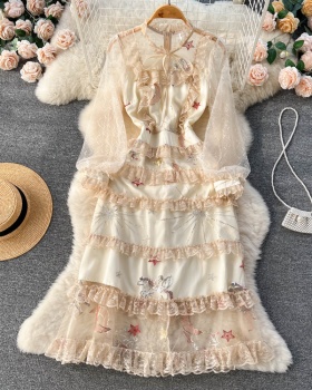 Lace cake embroidery long dress gauze pinched waist dress