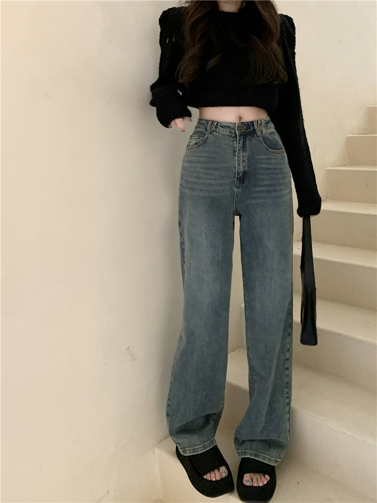 Temperament slim wide leg pants washed jeans for women