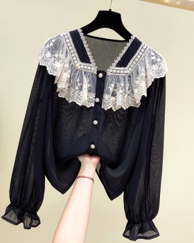Long sleeve spring shirt lace chiffon shirt for women