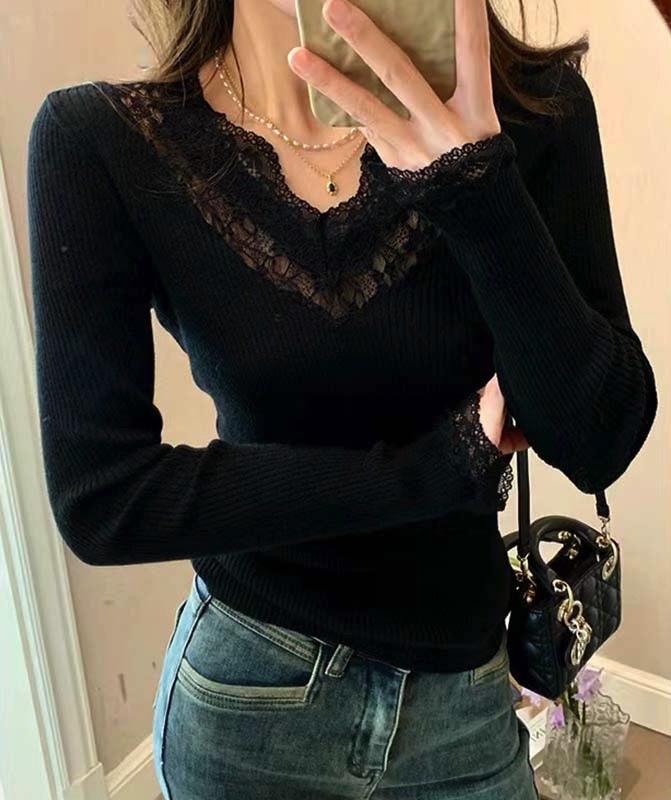 Lace autumn and winter splice bottoming sweet sweater