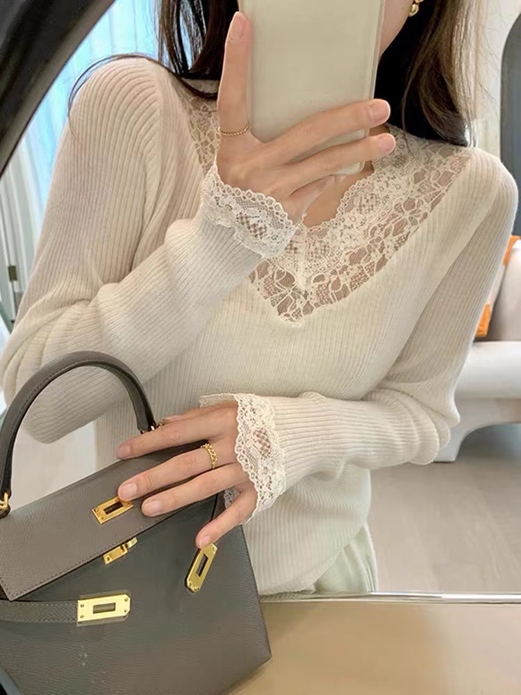 Lace autumn and winter splice bottoming sweet sweater