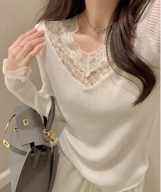 Lace autumn and winter splice bottoming sweet sweater