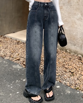 Loose retro long pants wide leg high waist jeans for women