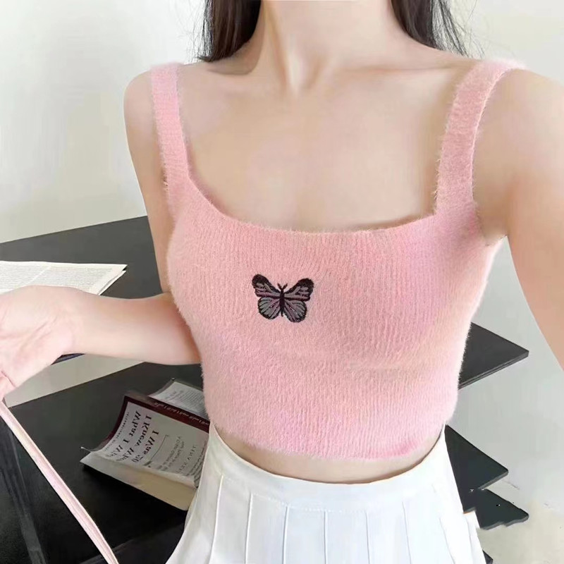 Fashion embroidered butterfly maiden all-match navel tops