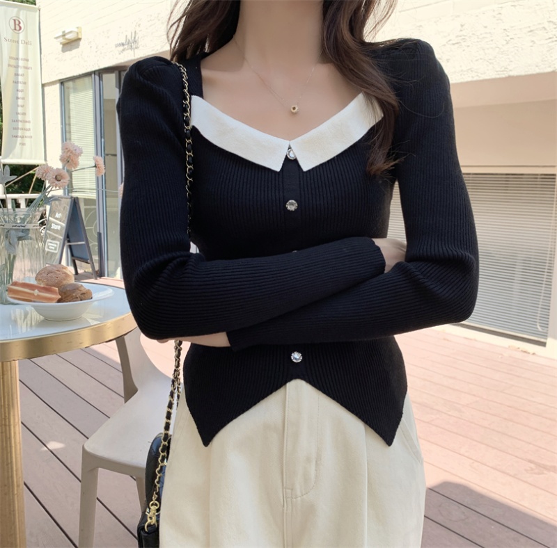 Irregular square collar sweater mixed colors bottoming shirt