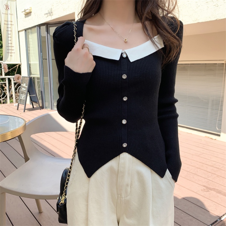 Irregular square collar sweater mixed colors bottoming shirt