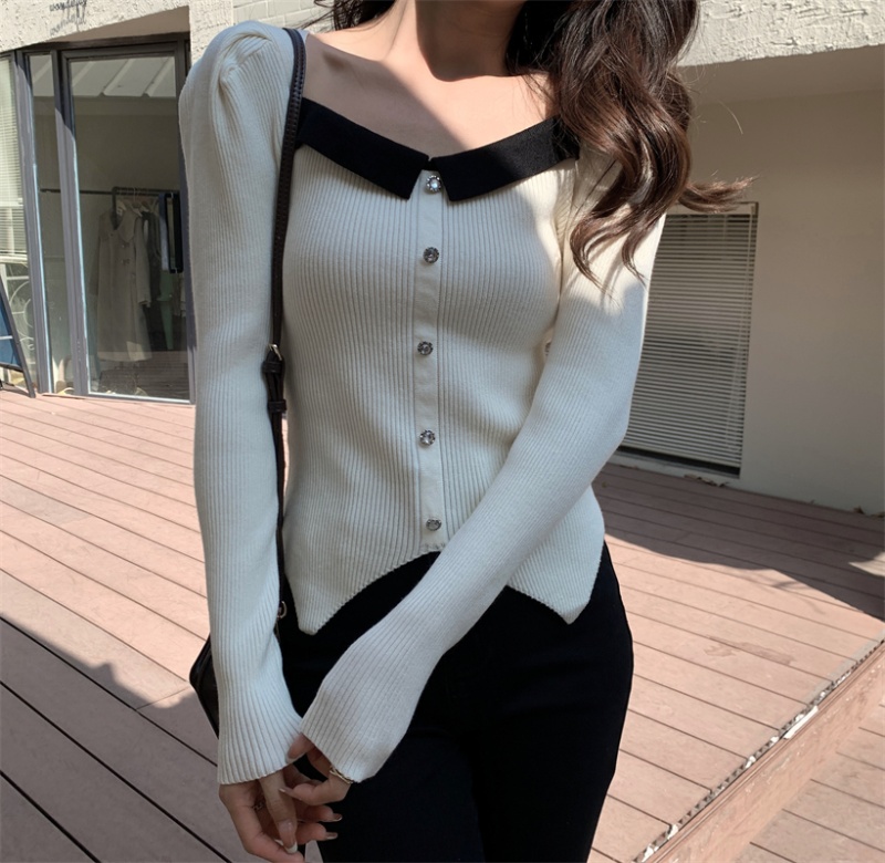 Irregular square collar sweater mixed colors bottoming shirt