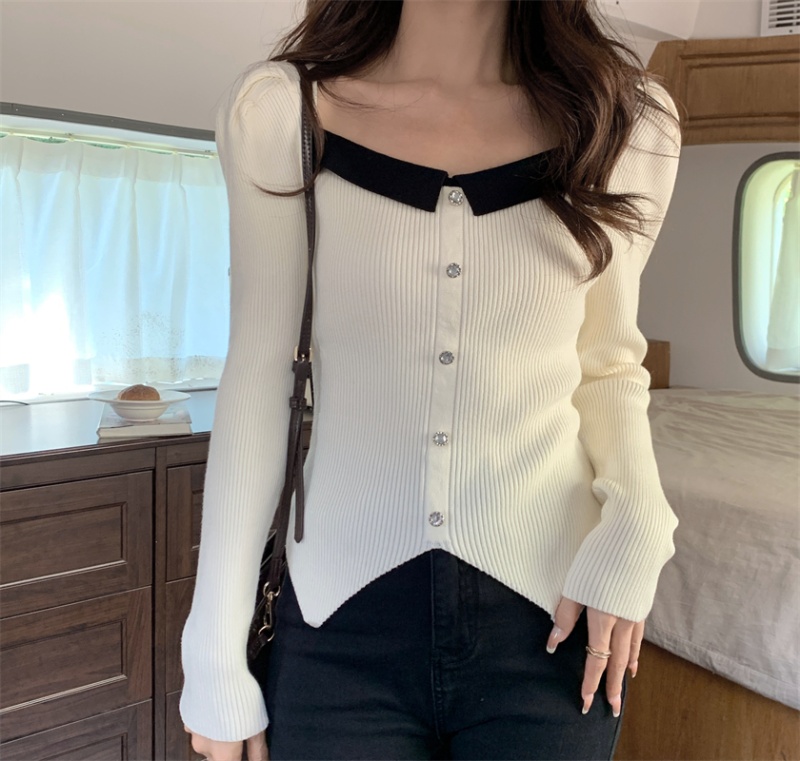 Irregular square collar sweater mixed colors bottoming shirt