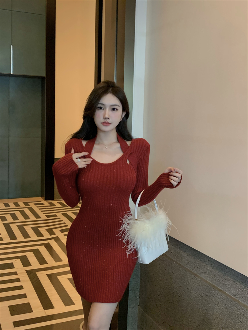 Slim wear bottoming long sleeve knitted spicegirl dress