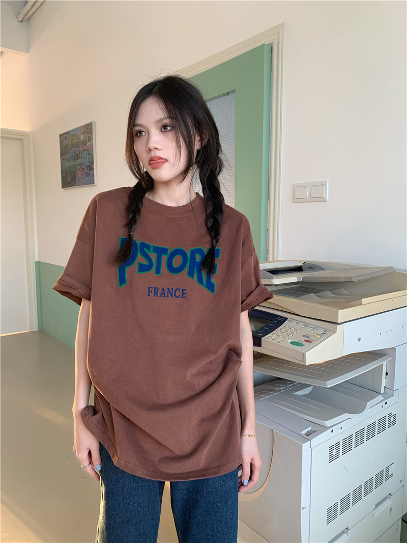 All-match sueding printing thick letters T-shirt