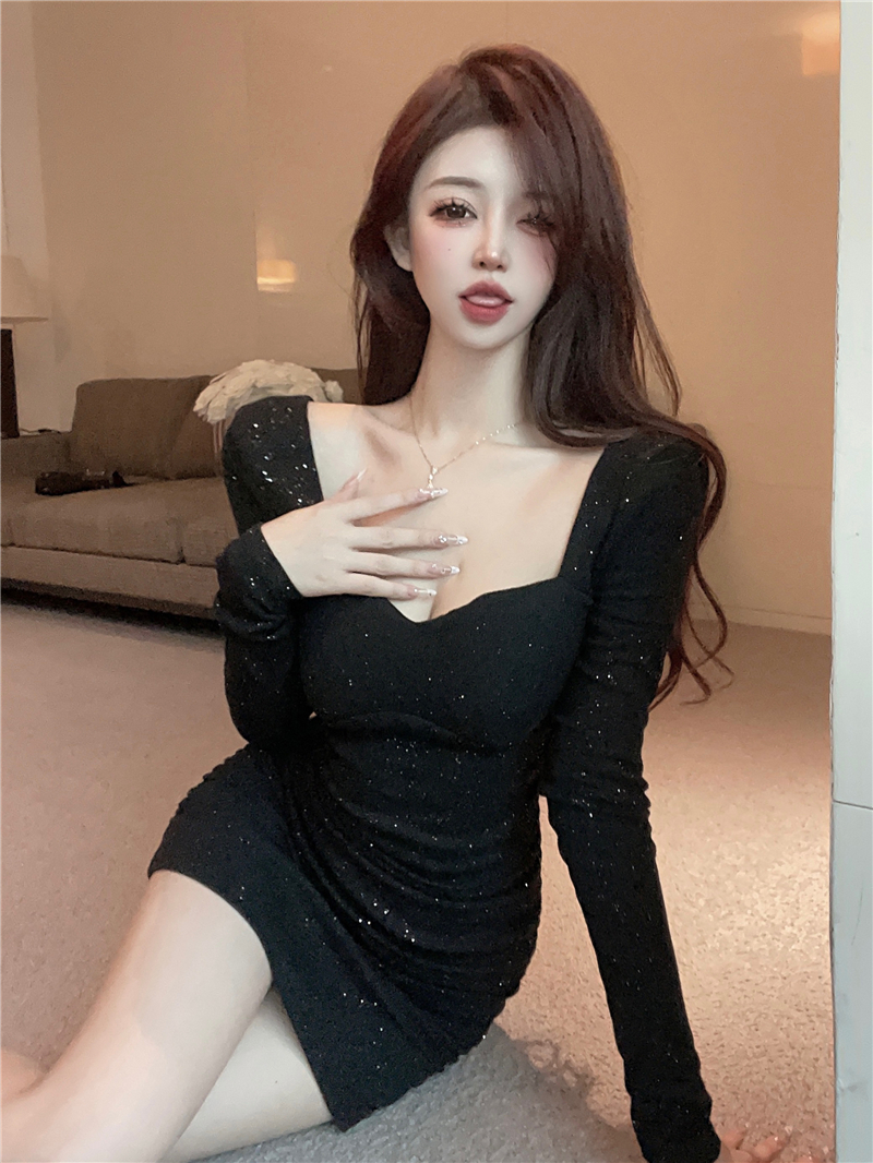 Shiny Korean style T-back slim fold dress