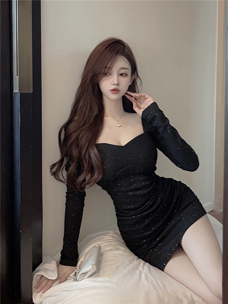 Shiny Korean style T-back slim fold dress