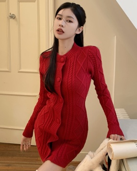 Long sleeve knitted slim dress winter quilted sweater