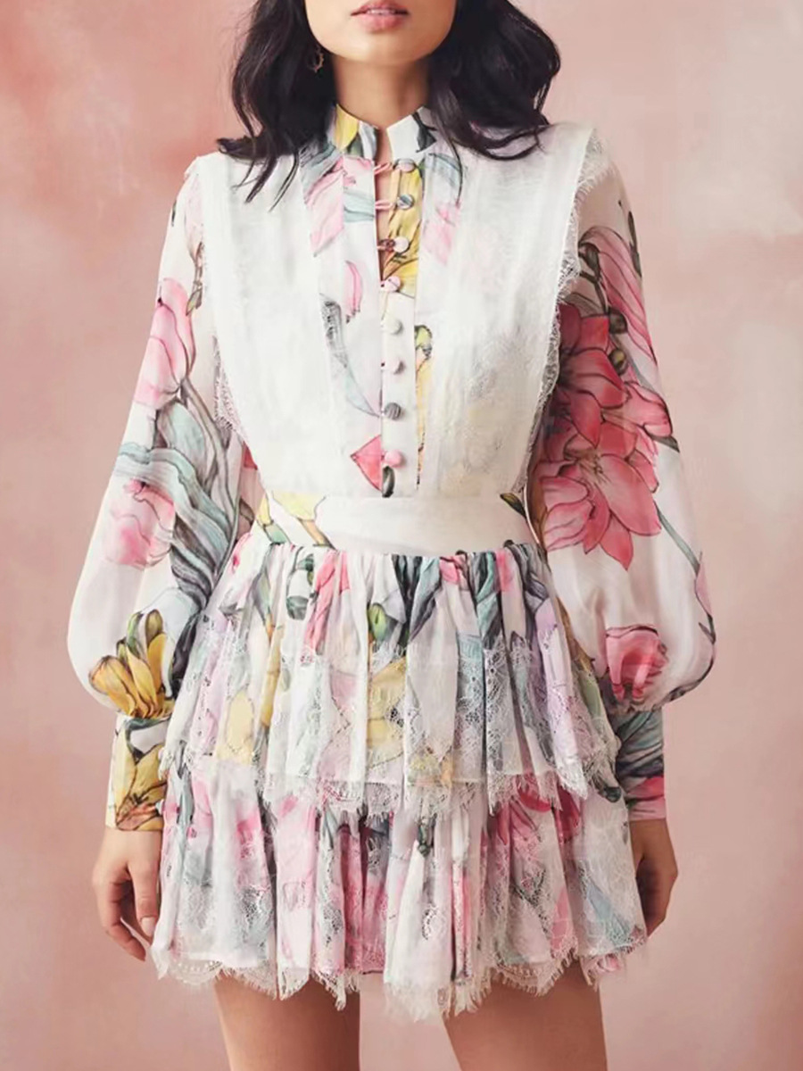 Cstand collar fresh printing lace flowers dress