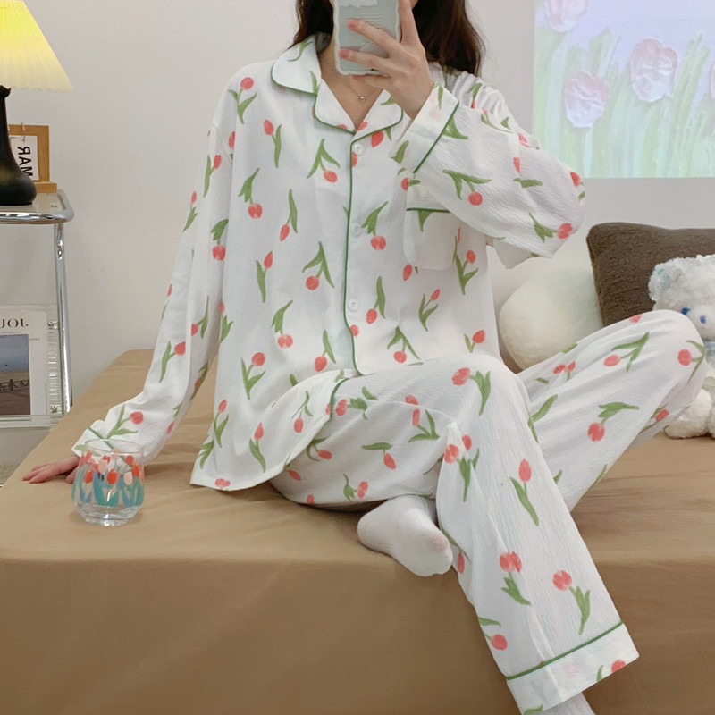 Cotton pajamas spring and autumn cardigan 2pcs set