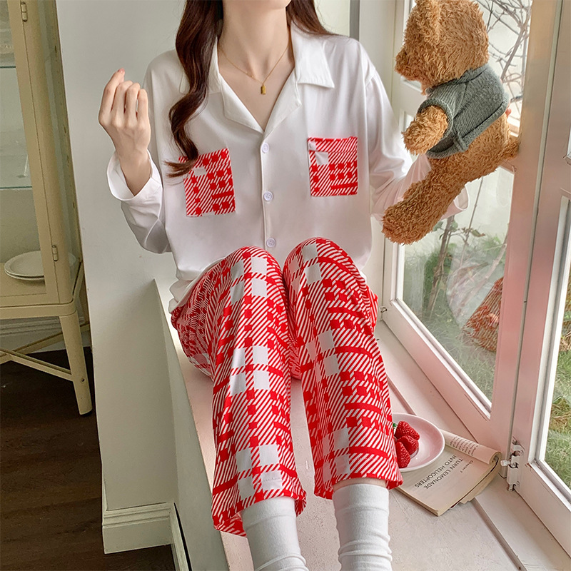 Loose thin long sleeve homewear pajamas 2pcs set for women