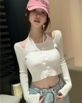 Pseudo-two knitted bottoming shirt short tops for women