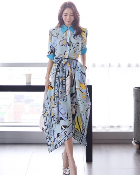 Temperament pinched waist printing mixed colors dress