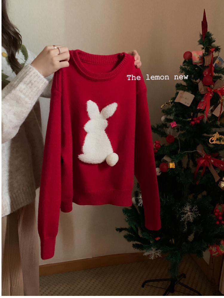 Loose christmas sweet red round neck sweater for women