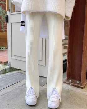 Korean style elastic waist slim trousers slit pure casual pants