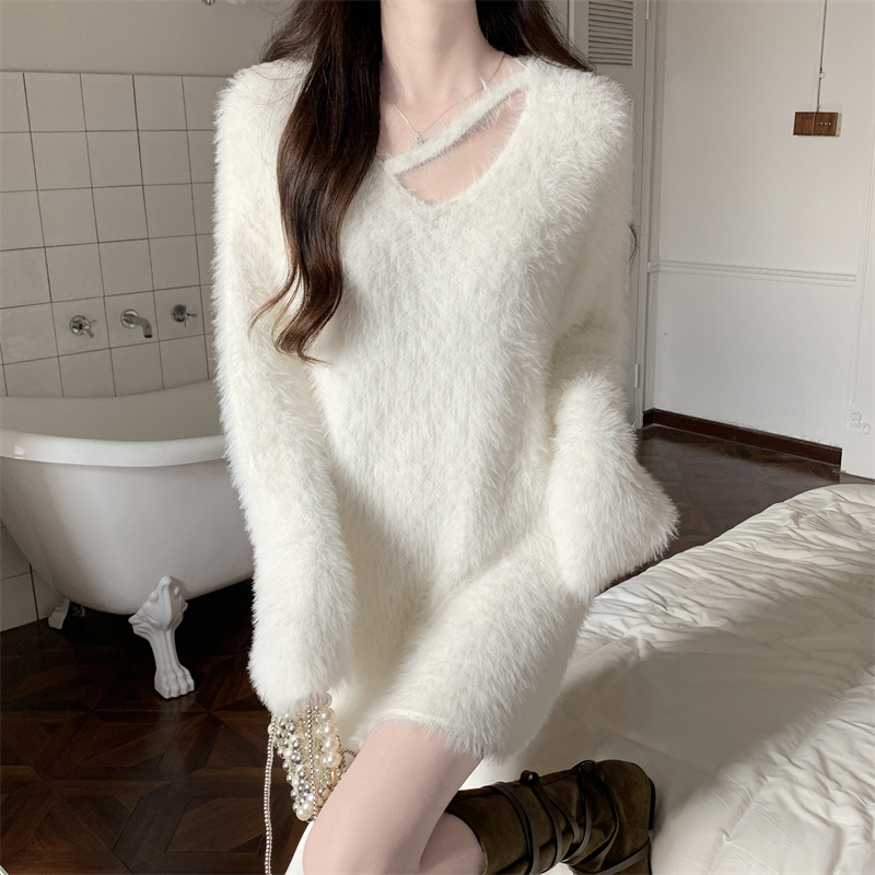 Elmo unique white Korean style long loose sweater for women