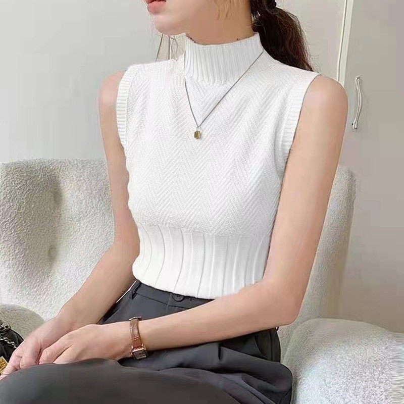 Half high collar slim tops sleeveless vest for women