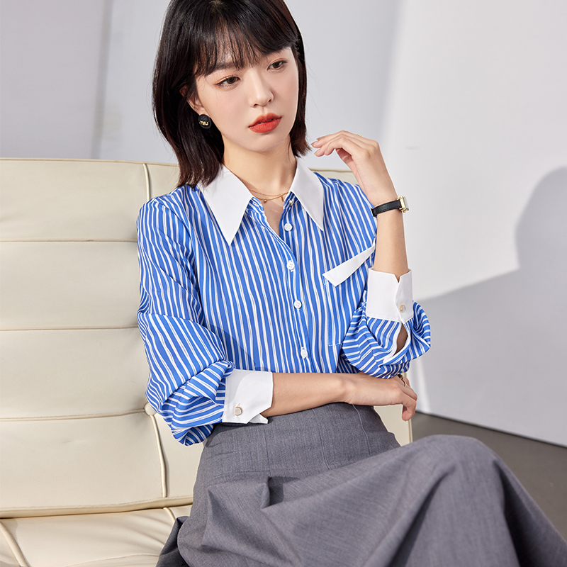 Mixed colors blue stripe temperament long sleeve shirt