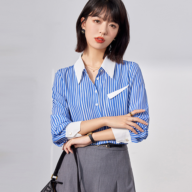 Mixed colors blue stripe temperament long sleeve shirt