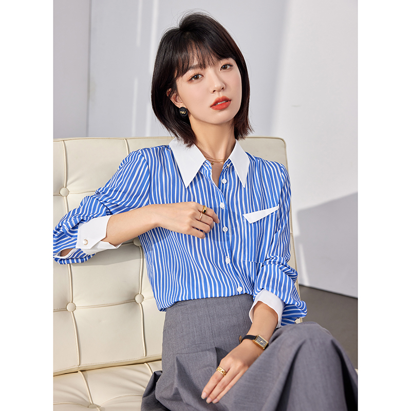 Mixed colors blue stripe temperament long sleeve shirt