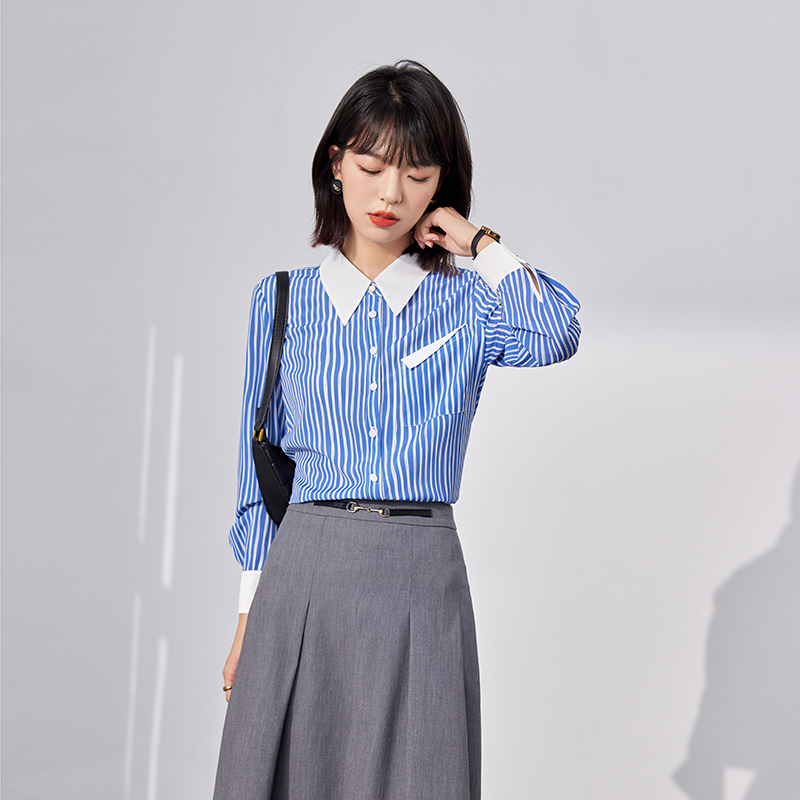 Mixed colors blue stripe temperament long sleeve shirt