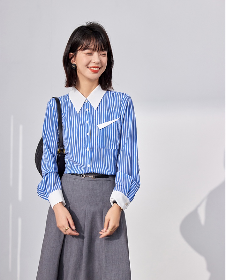 Mixed colors blue stripe temperament long sleeve shirt