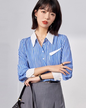 Mixed colors blue stripe temperament long sleeve shirt