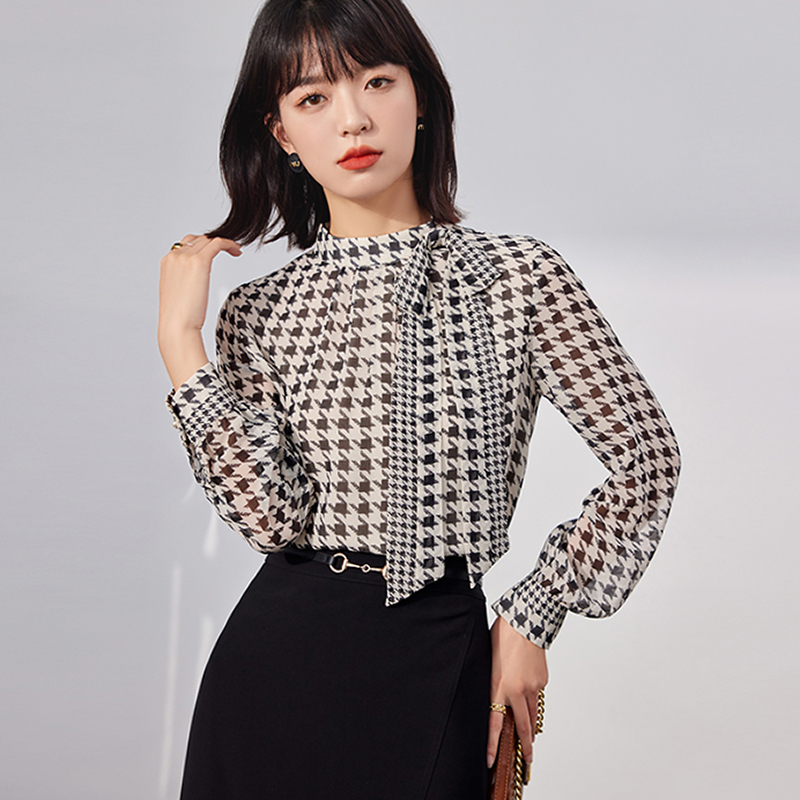Spring thin houndstooth chiffon shirt loose all-match tops