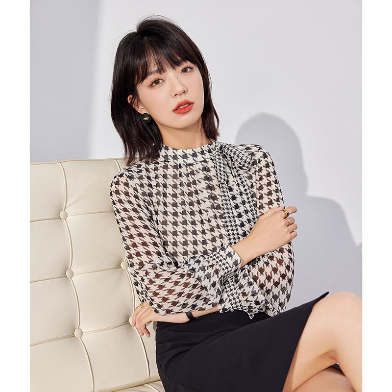 Spring thin houndstooth chiffon shirt loose all-match tops