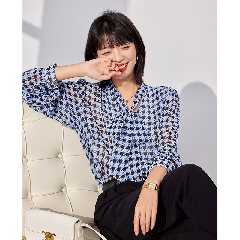 Houndstooth silk tops spring and autumn streamer shirt