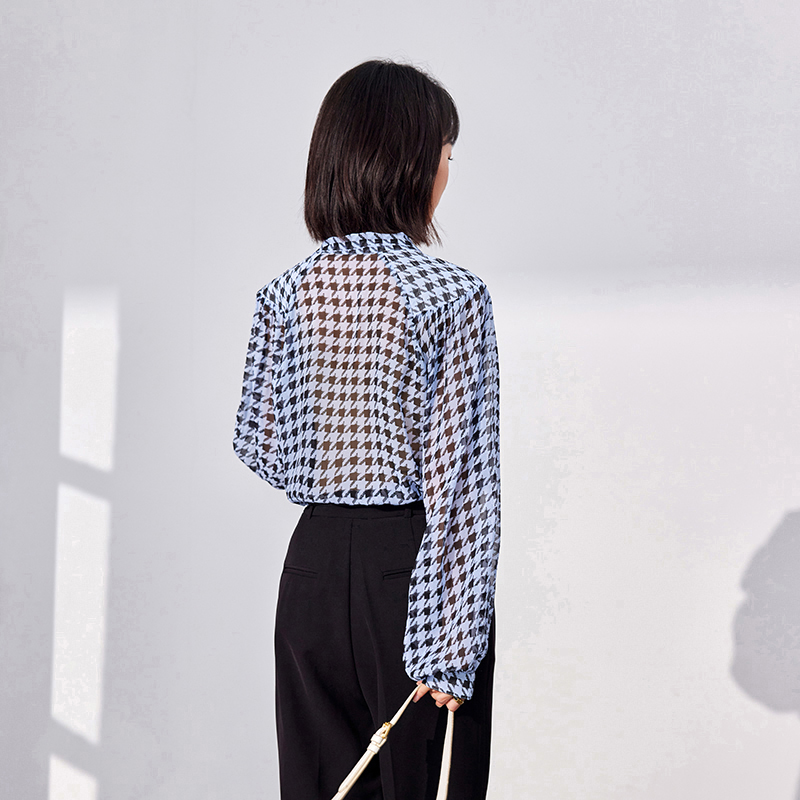 Houndstooth silk tops spring and autumn streamer shirt