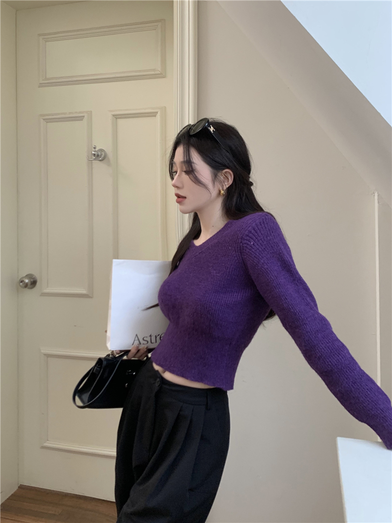 Knitted short sweater unique V-neck tops for women