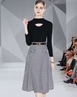 Fashion black skirt knitted houndstooth sweater a set
