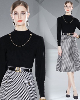 Houndstooth fashion skirt all-match knitted sweater a set