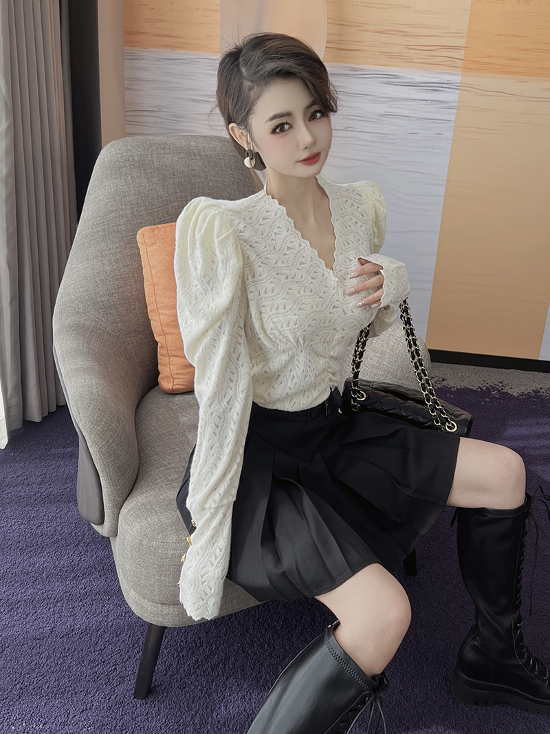 V-neck lace spring long sleeve shirt for women