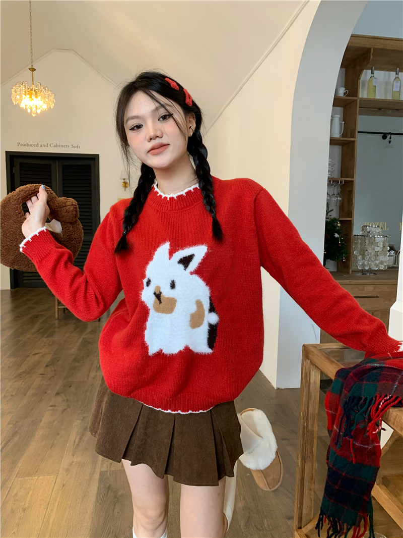 Rabbit round neck red retro plush sweater