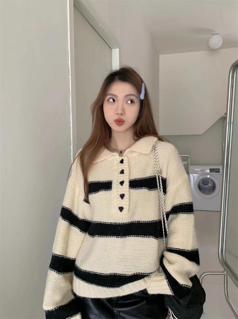 Heart Korean style tops stripe knitted sweater for women