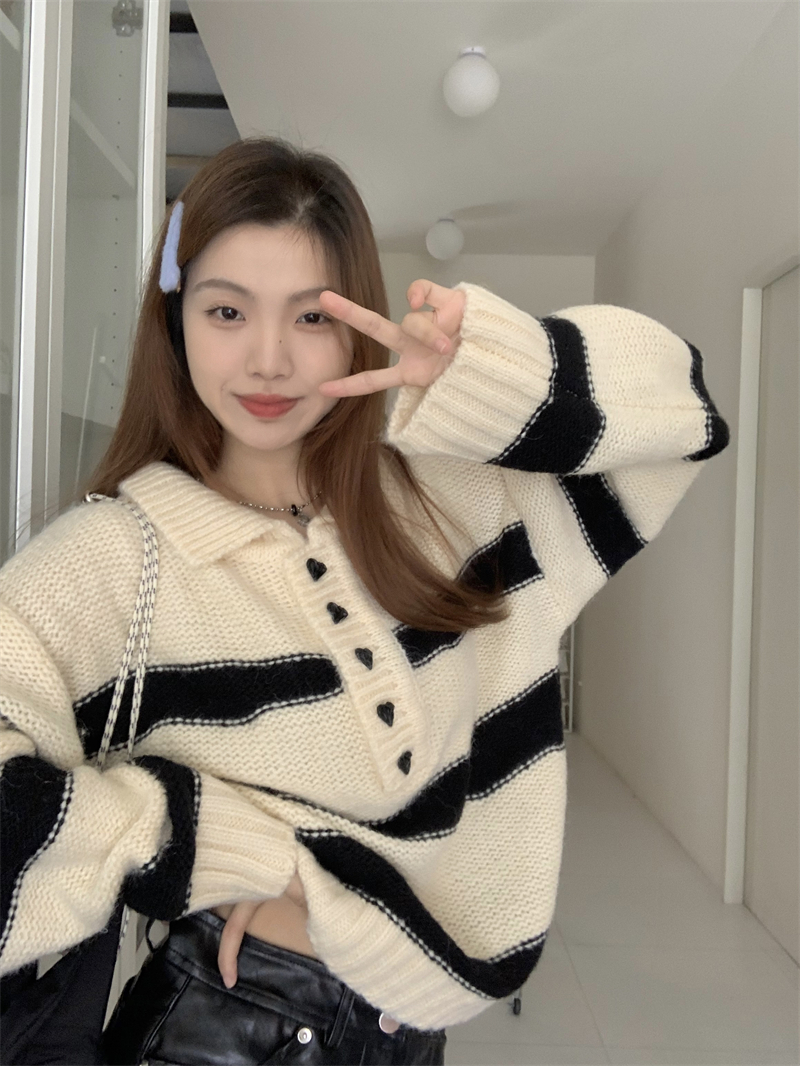 Heart Korean style tops stripe knitted sweater for women