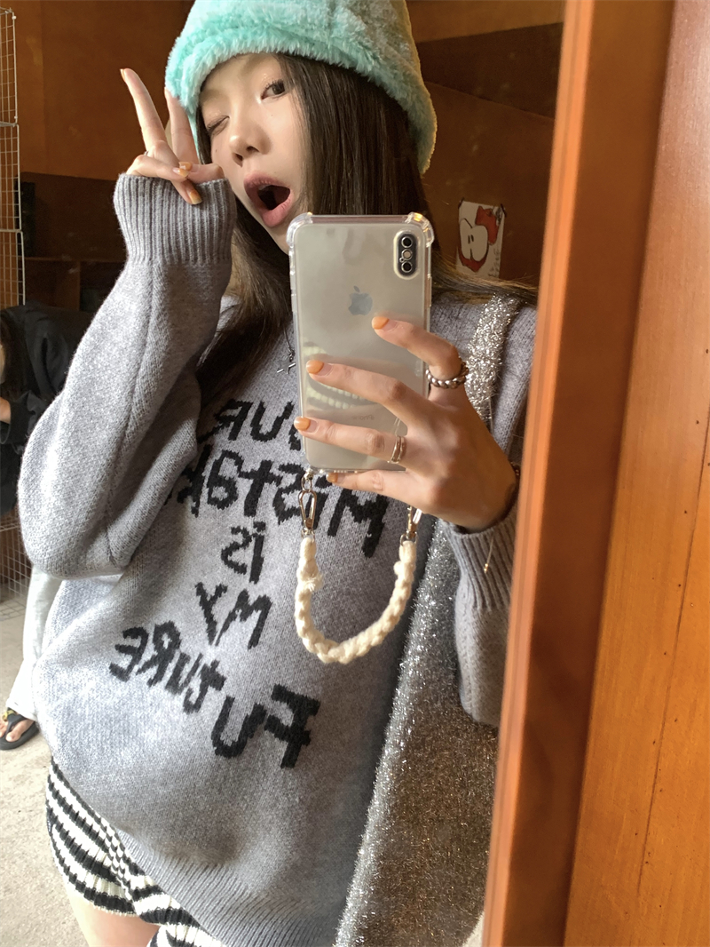Letters knitted slim coat lazy loose tops for women