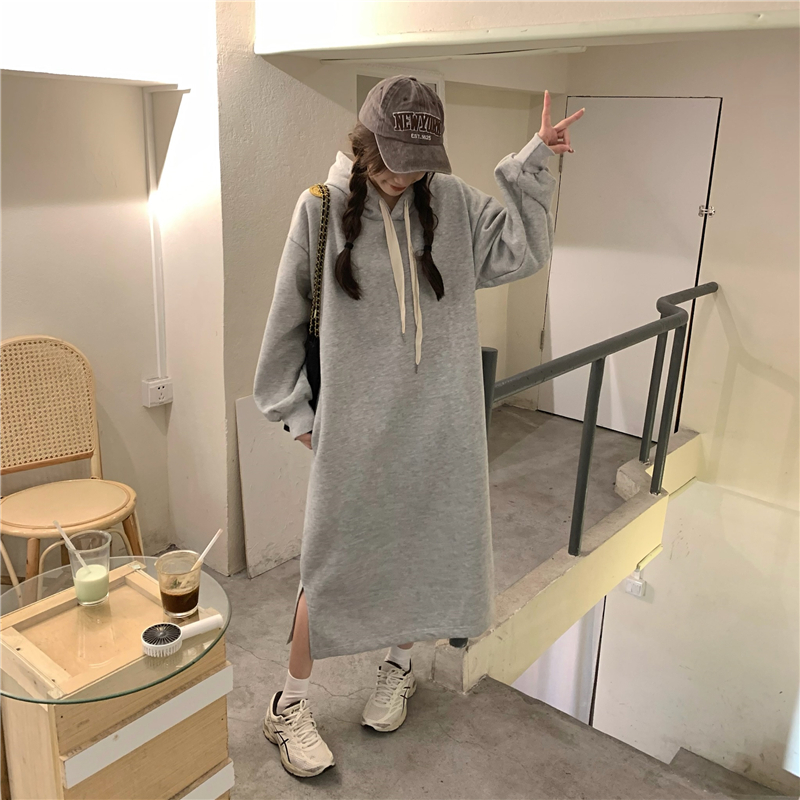 Split Casual hooded hoodie Korean style loose dress
