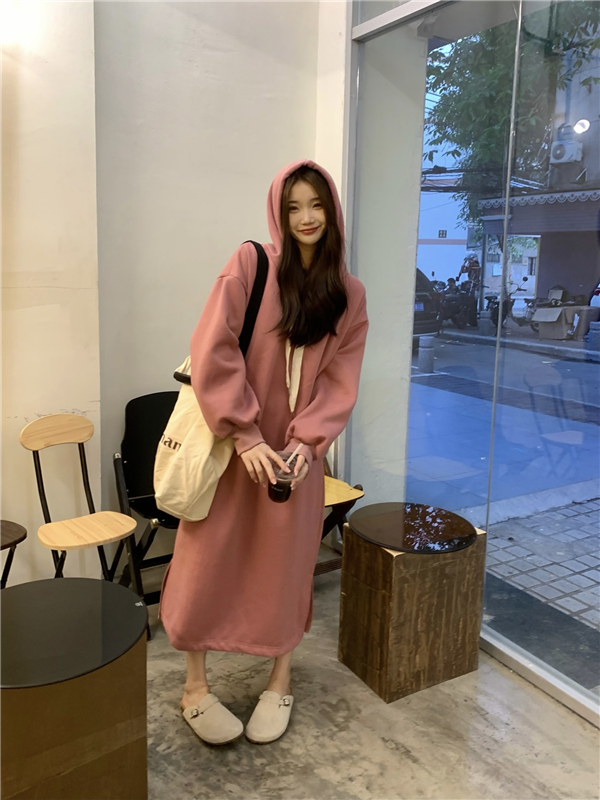 Split Casual hooded hoodie Korean style loose dress