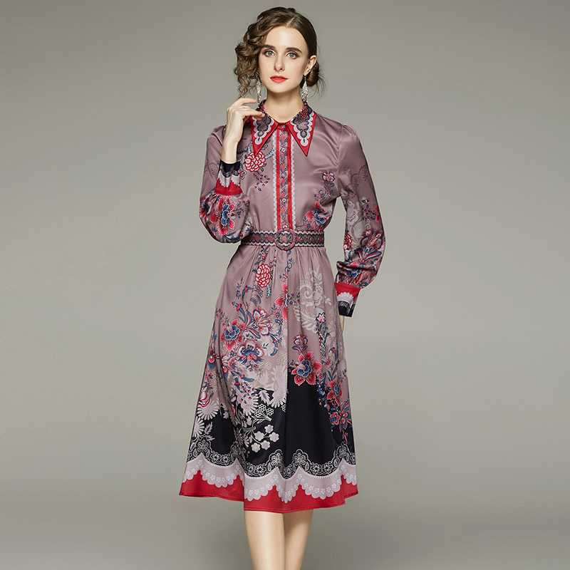 Court style all-match with belt printing retro fashion dress