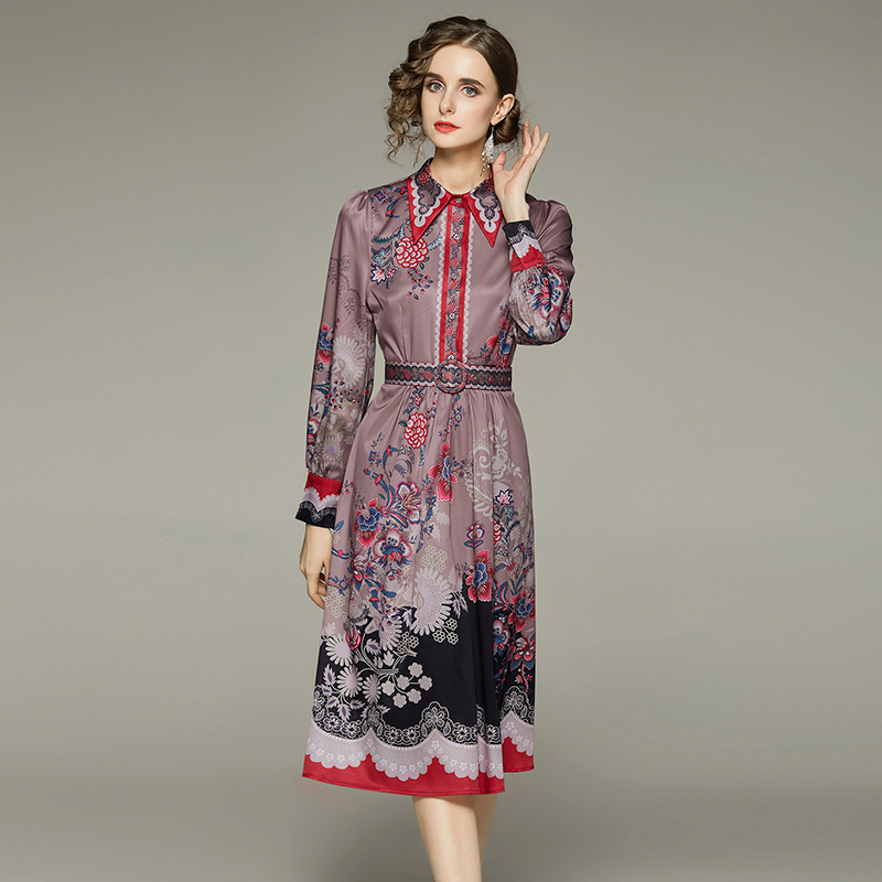 Court style all-match with belt printing retro fashion dress